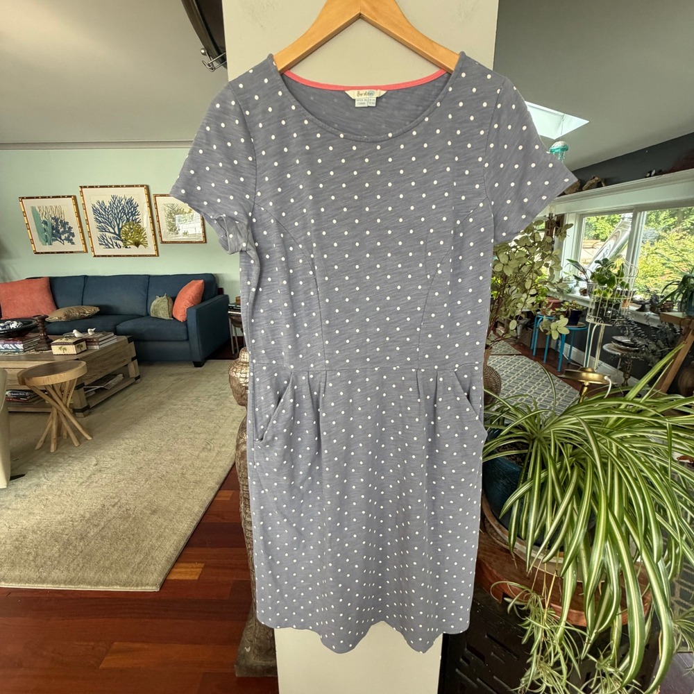 Boden Jersey Dress Womens 10 Blue Polka Dot Excellent Pockets Summer Coastal